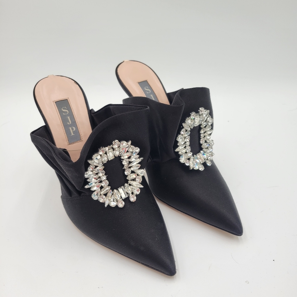SJP Sarah Jessica Parker Sandringham Black Satin Spool Heel Mules size 35 US 5